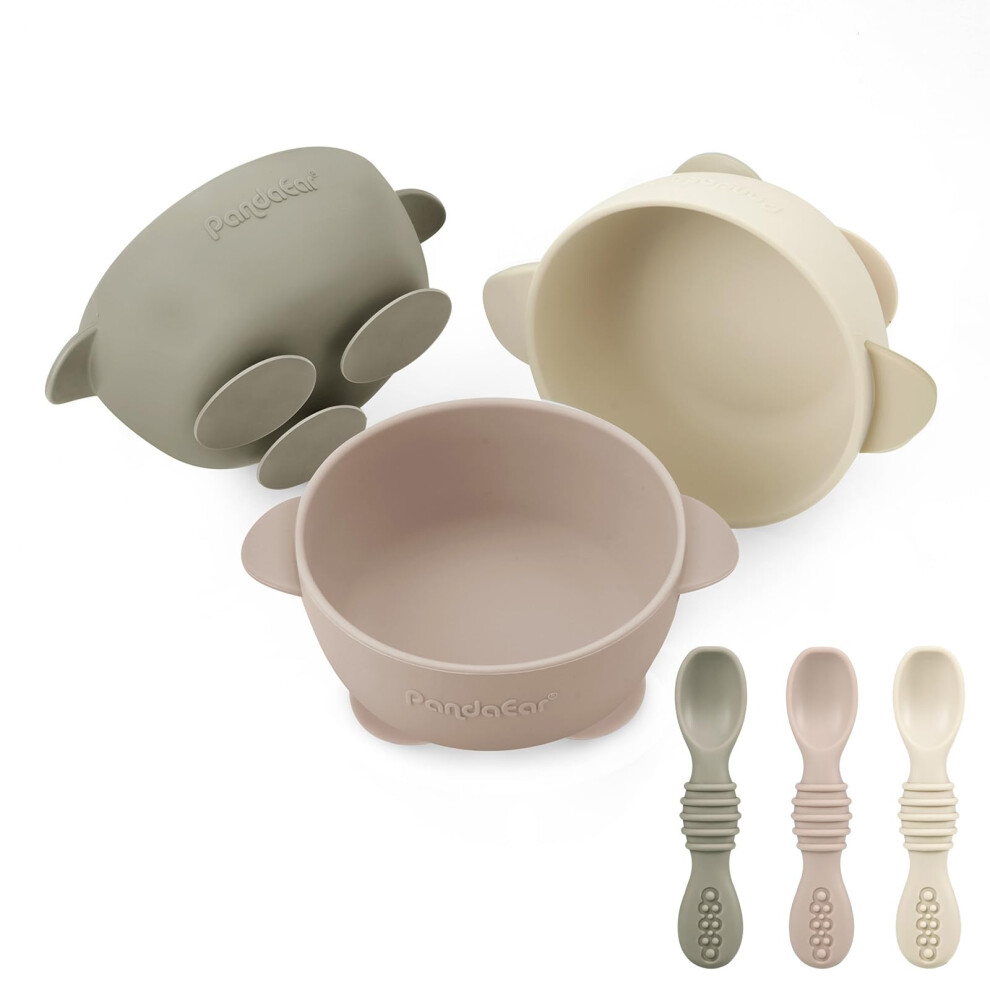 3 Pack Baby Suction Bowls With 3 Spoons, Stay Put Silicone Food Bowl Babies Led Weaning Supplies For Kids Toddlers, Bpa-Free (Linen Brown Pandaear