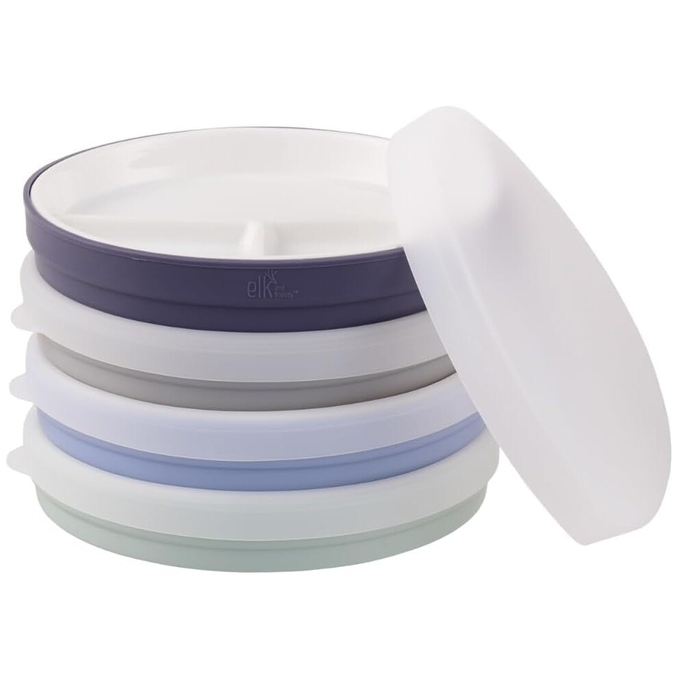 Kids 7.8? Porcelain Divided Plates With Silicone Sleeves + Lids | Suitable For Babies/Toddlers | Microwave & Dishwasher Safe | White Elk And Friends