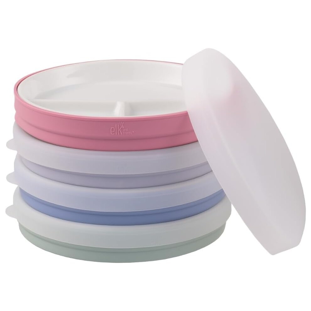 Kids 7.8? Porcelain Divided Plates With Silicone Sleeves + Lids | Suitable For Babies/Toddlers | Microwave & Dishwasher Safe | White Elk And Friends