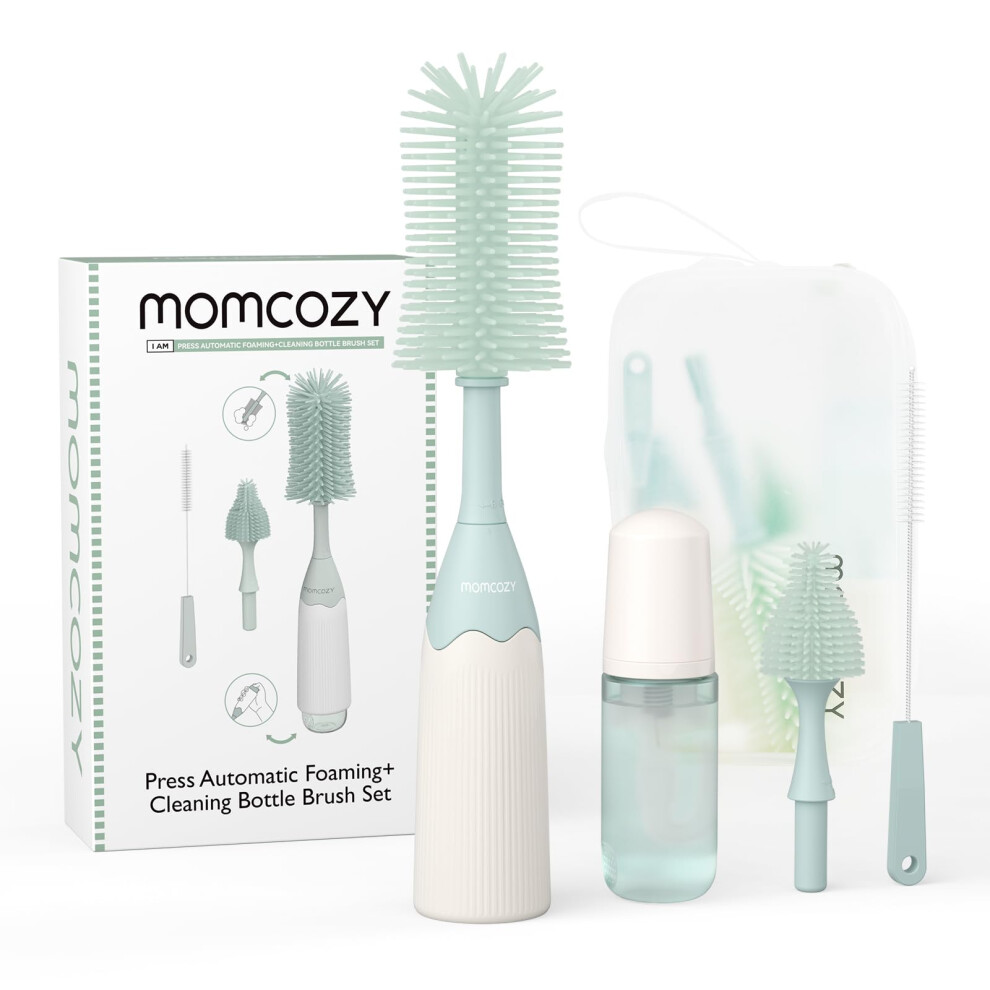Momcozy Innovative Baby Bottle Brush Set, Press-To-Foam Design For Ease Of Clean, 2 Brush Head Replacements For Complete & Better Bottle Cleaning,