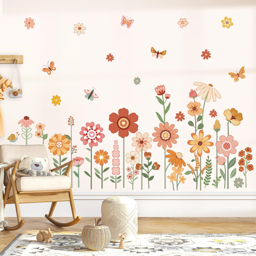Boho Flower Wall Decals For Kids Garden Floral Daisy Butterfly Wall Stickers Baby Nursery Girls Bedroom Kids Room Wall Decor Decalmile