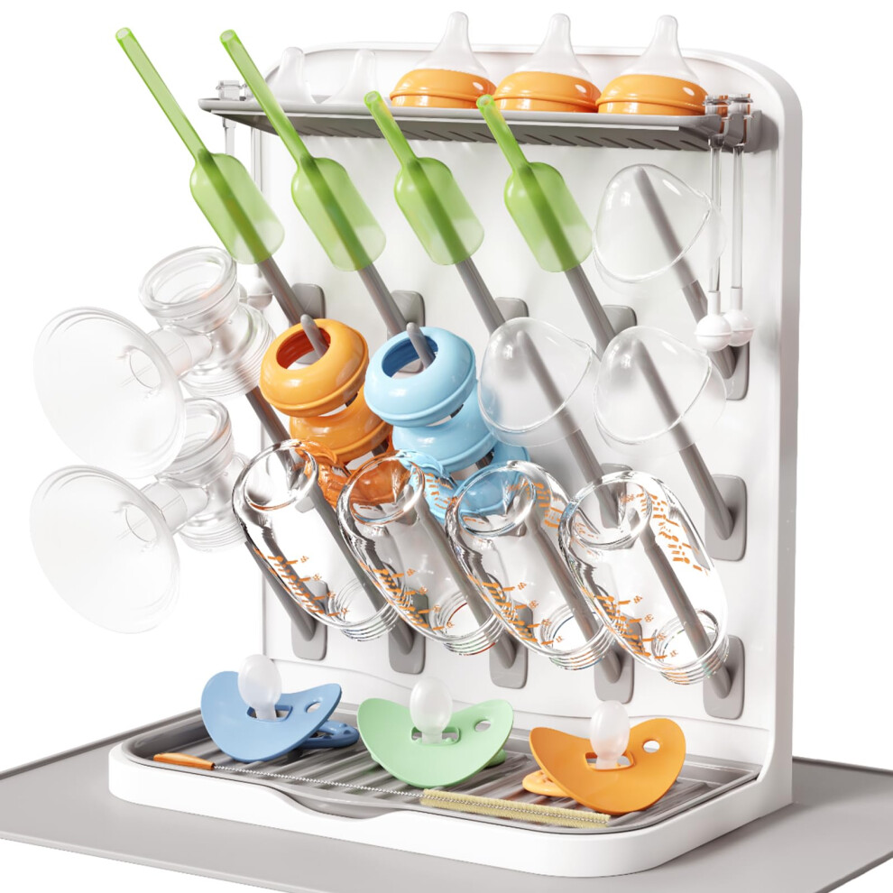 Large Baby Bottle Drying Rack With Drain Mat, 15 Hooks Standing Holder With Detachable Brackets, Space Saving Countertop Organiser For Feeding Lifewit