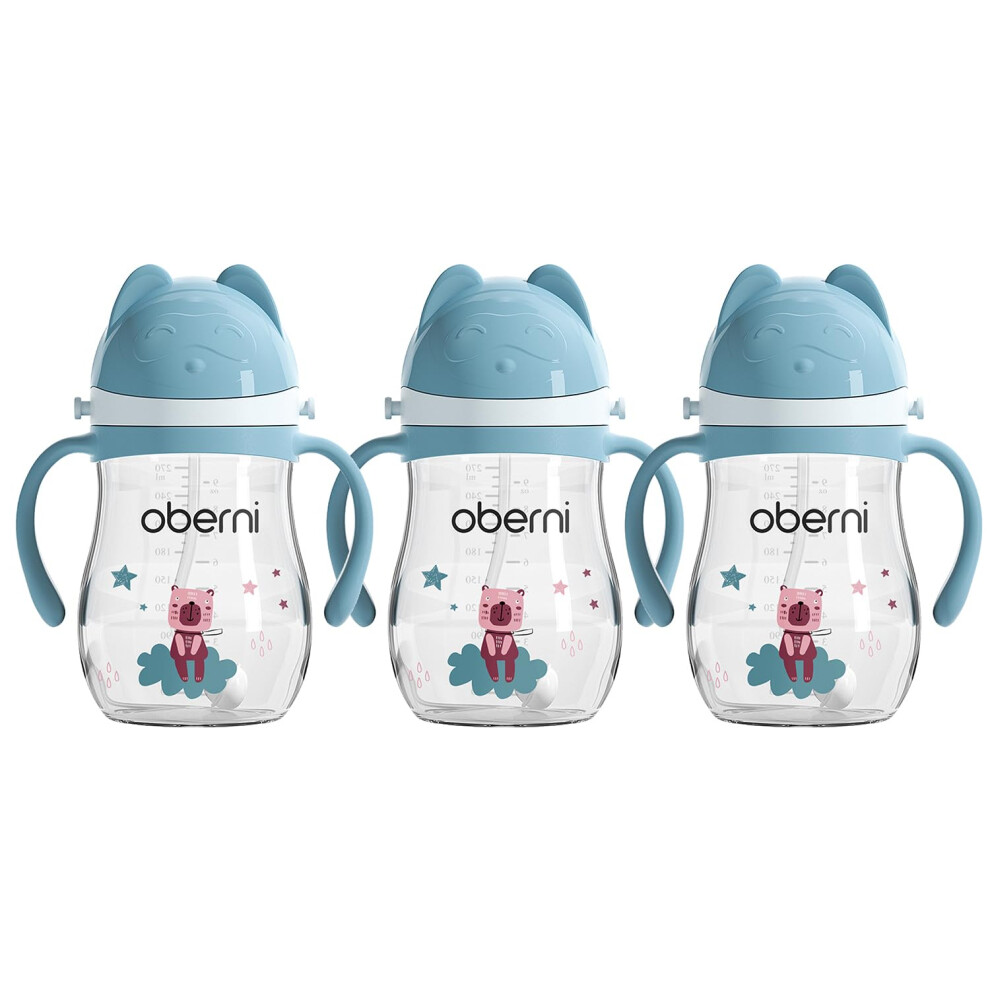 Oberni Tritan Sippy Cup, Weighted Straw Baby Water Bottle With Removable Handle And Carry Strap For 12M+ Toddler, Blue/Pack Of 3