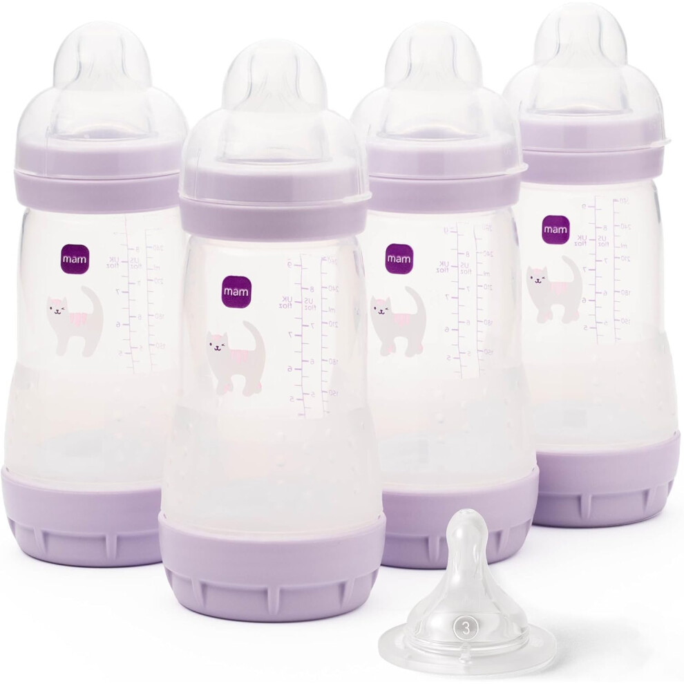 Mam Easy Start Anti-Colic Baby Bottles | 4 Pack (4X 260Ml) | Self-Sterilising Baby Milk Bottle | Medium Flow Teats Size 2 + 1X Fast Flow Teat Size