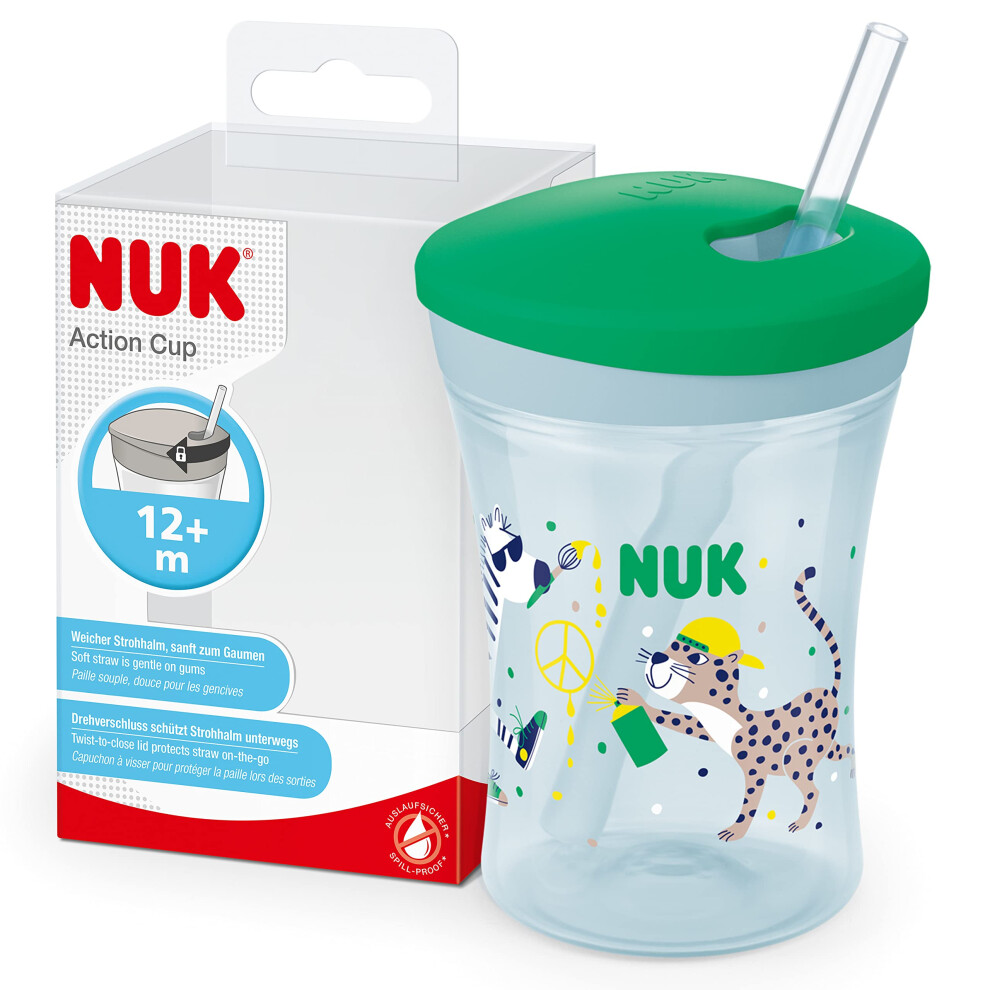Nuk Action Cup Toddler Cup | 12+ Months | Twist Close Soft Drinking Straw | Leak-Proof | Bpa-Free | 230Ml | Green Leopard
