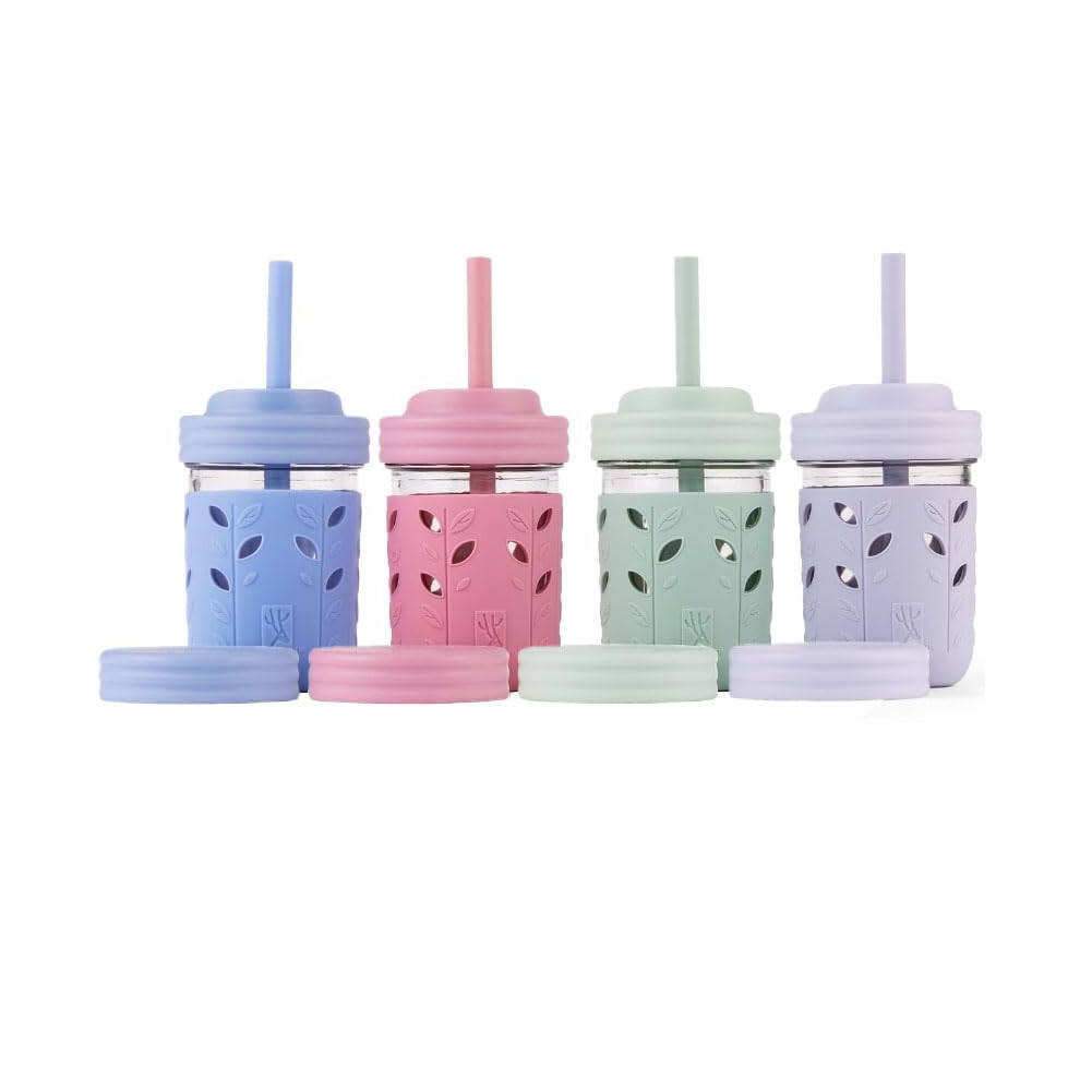 Elk And Friends Kids & Toddler Cups | The Original Glass Mason Jars 8 Oz With Silicone Sleeves & Silicone Straws With Stoppers | Smoothie Cups | Spill