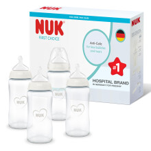 NUK First Choice Baby Bottles | 3+ Months | 240ml | Anti Colic Feeding Bottle | Glass | Temperature Control Indicator | Rainbow | 4 Count