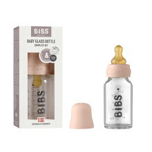 BIBS Baby Glass Bottle. Anti-Colic. Round Natural Rubber Latex Teat. Supports Natural Breastfeeding, Complete Set - 110 ml, Blush