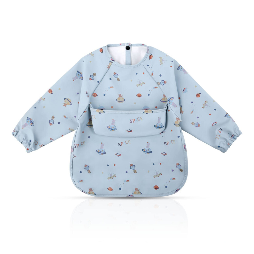 Vicloon Baby Weaning Bibs, Pu Feeding Bibs With Long Sleeves And Large Pockets, Waterproof Toddler Bibs Easy To Clean, Suitable For Babies From 6