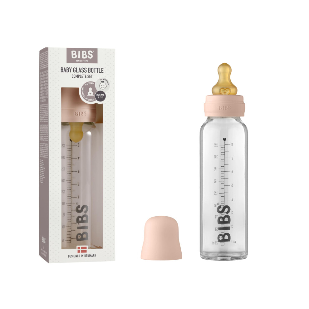 Baby Glass Bottle. Anti-Colic. Round Natural Rubber Latex Teat. Supports Natural Breastfeeding, Complete Set - 225 Ml, Blush Bibs