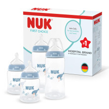 NUK First Choice Baby Bottles Set for Newborns | 0-3+ Months | 150ml & 300ml | Anti Colic Feeding Bottle | PP | Temperature Control Indicator | Whale