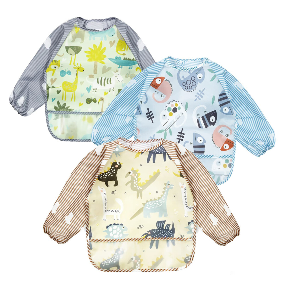 Pandaear (3 Pack Waterproof Baby Bibs With Long Sleeve| Baby Feeding Bib Painting Apron Bibs For Infant Toddler 6-36 Months (Lizard)