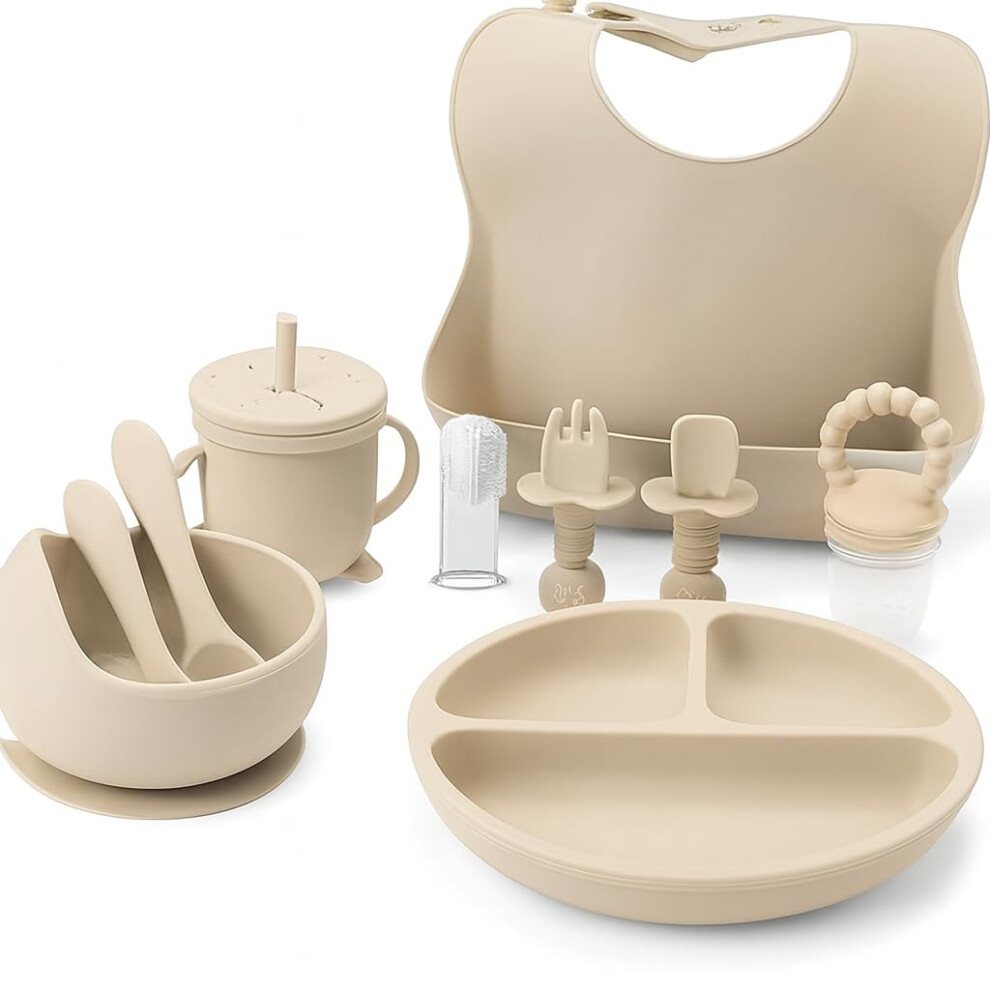 Baby Weaning Set - 11 Pcs Silicone Baby Feeding Set With Suction Plate, Weaning Kit With Adjustable Bib, Fork, Spoon, Fruit Feeder & Indique