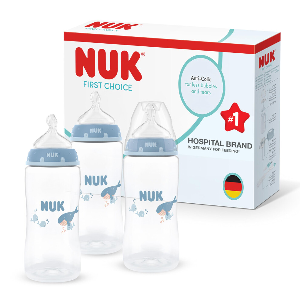 Nuk First Choice Baby Bottles | 3+ Months | 300Ml | Anti Colic Feeding Bottle | Pp | Temperature Control Indicator | Whale | 3 Count