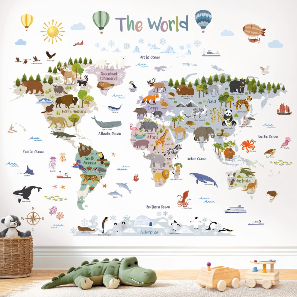 Boho Animal World Map Wall Stickers (105X83cm) ? Large Educational Decals For Nursery & Kids Bedroom (Sg2-2516) Decowall