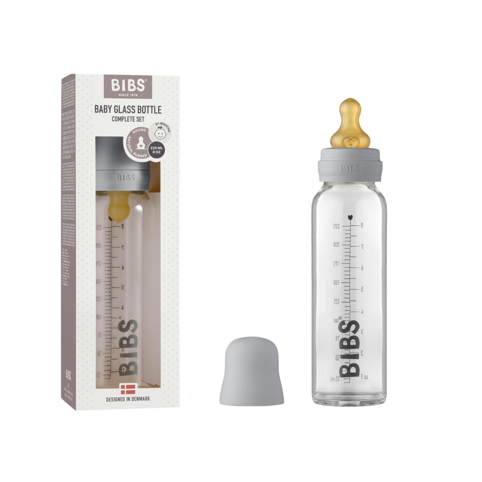 Baby Glass Bottle. Anti-Colic. Round Natural Rubber Latex Teat. Supports Natural Breastfeeding, 225 Ml, Cloud Bibs