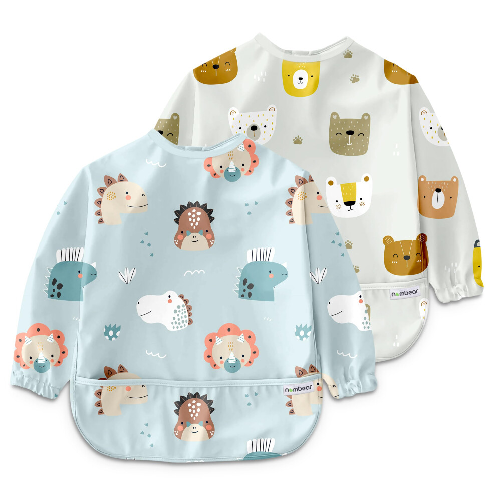 Baby Bibs With Sleeves For 6-24 Months, 2 Pack - Easy Wipe Clean, Machine Washable Baby Weaning Bib With Sleeves, Waterproof Long Sleeve Bibs, Nombear