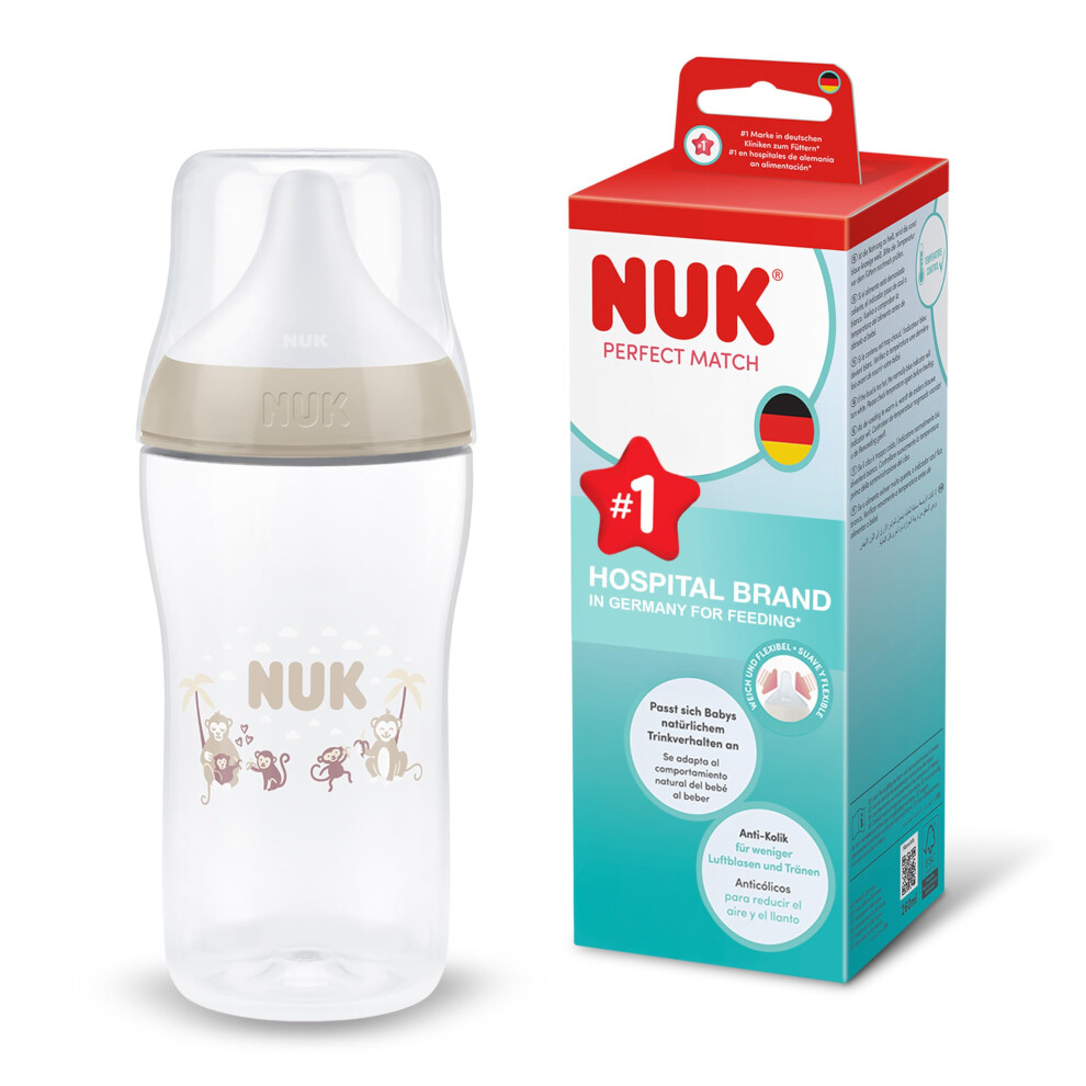 Perfect Match Baby Bottle | 3+ Months | 260Ml | Anti Colic Feeding Bottle | Pp | Temperature Control Indicator | Monkey | 1 Count Nuk