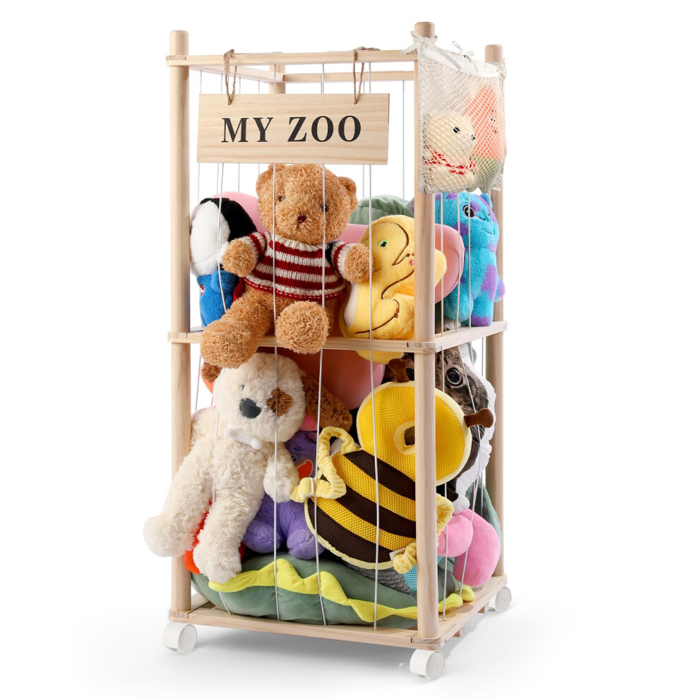 Stuffed Animal Storage Zoo With Wheels, Wooden Stuffed Animal Organizer With Elastic Cords, Space Saving Toy Plushies Storage Holder For Khlerox