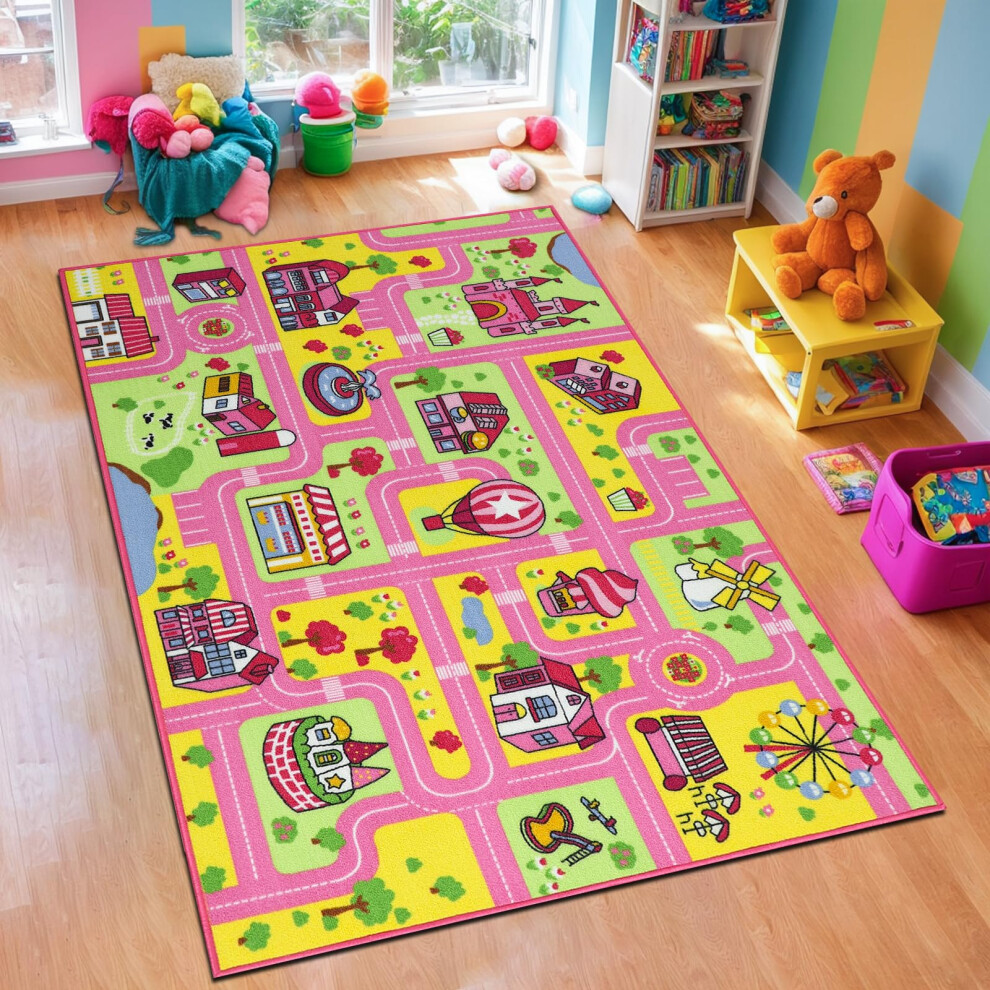Kid Rug For Playroom 100X160cm Girls Play Rug Traffic Road Car Play Game Mat Educational Learning Area Rug Kids Carpet For Children Pink Capslpad