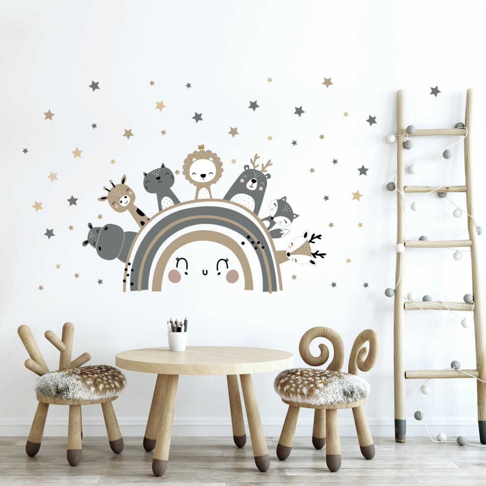 Large Rainbow And Animal Wall Stickers, Boho Woodland Animal Wall Decals, Nordic Jungle Lion Giraffe Wall Art Sticker For Kids Baby Nursery Tanlaby