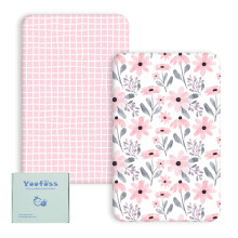 Yoofoss Fitted Travel Cot Sheets - 95 x 65cm, Breathable & Cozy, Elasticated, 2 Pack Pink Floral