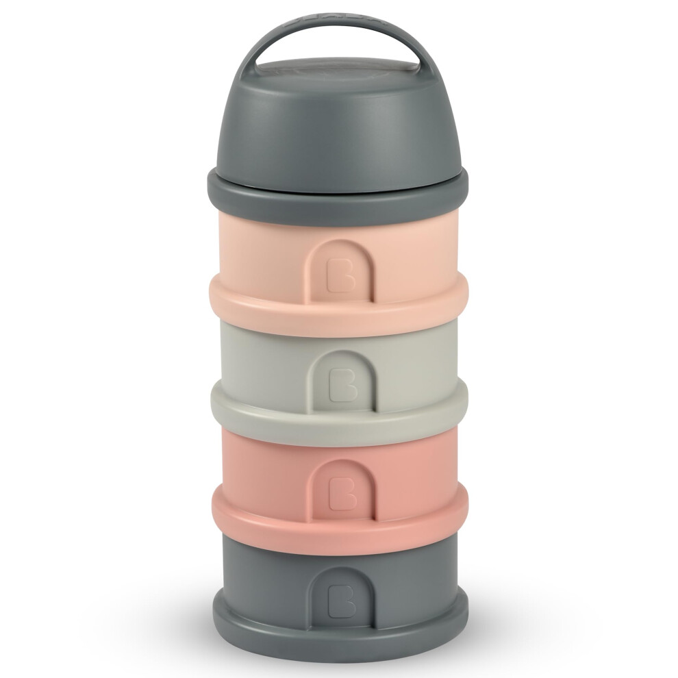 Beaba, Stackable Milk Dispenser, 100% Hermetic, 4 Compartments, Made In France, Large Capacity, Evolutive Use, Mineral Grey/Pink Bã©Aba