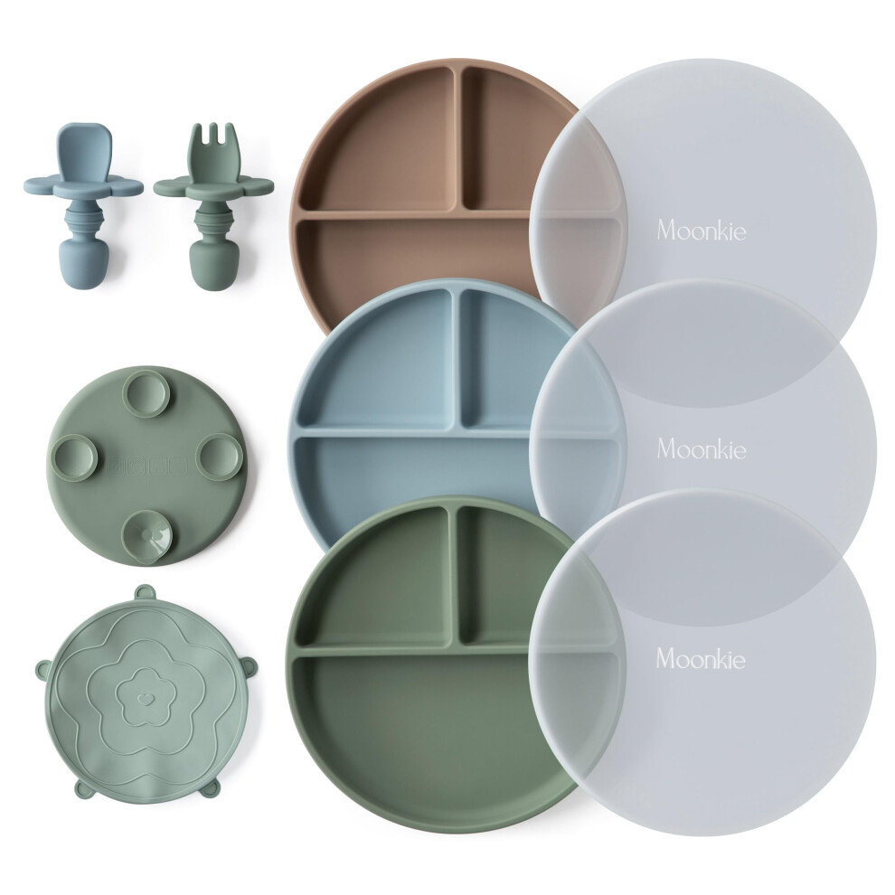 Suction Plate Baby, Weaning Set - 3 Pcs Baby Plates With Spoons Forks, Silicone Plates For Toddlers, Bpa Free, Non-Slip, Divided Plate, Moonkie