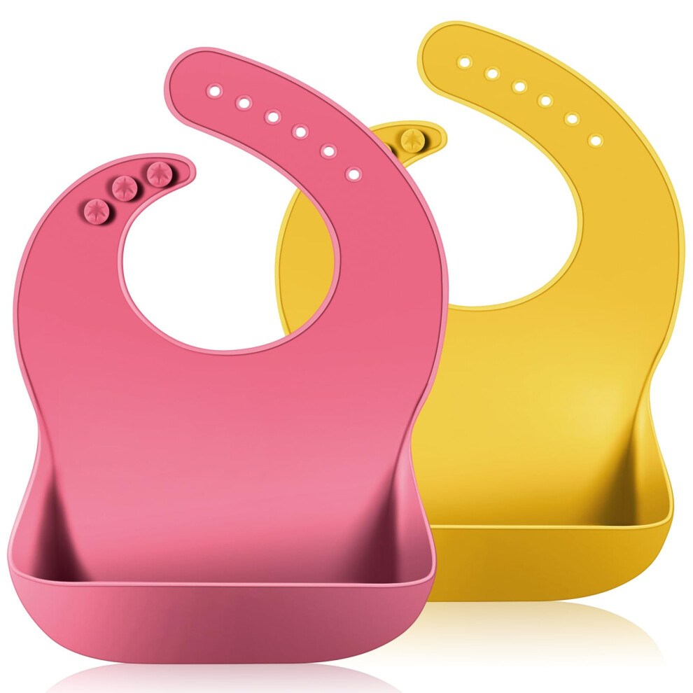 Silicone Baby Bib 2Pcs, Waterproof Feeding With Wide Food Catcher Pocket, Adjustable Toddler Bibs (-Yellow) Pink/Yellow Vicloon