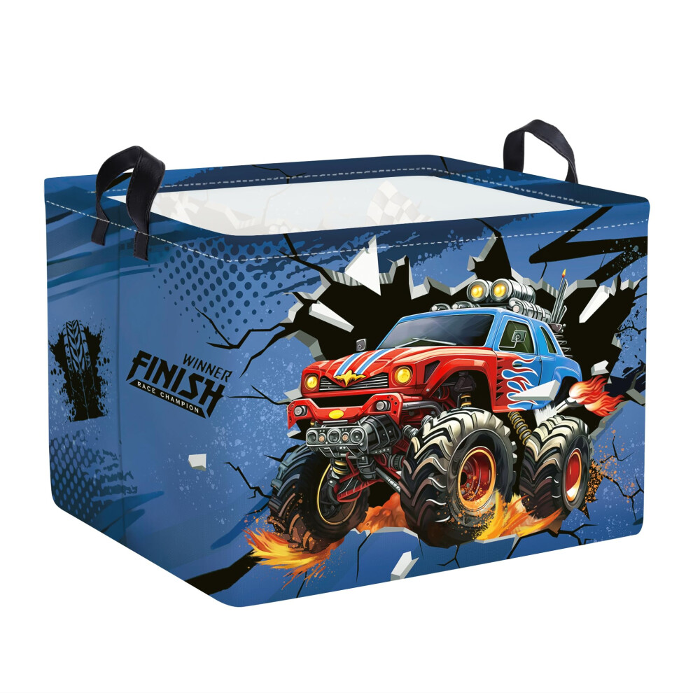 Huumonss 3D Monster Truck Baby Laundry Hamper Collapsible Clothes Storage Basket Large Yellow Car Boys Gift Toy Box Bin For Nursery Room, Blue, 36L