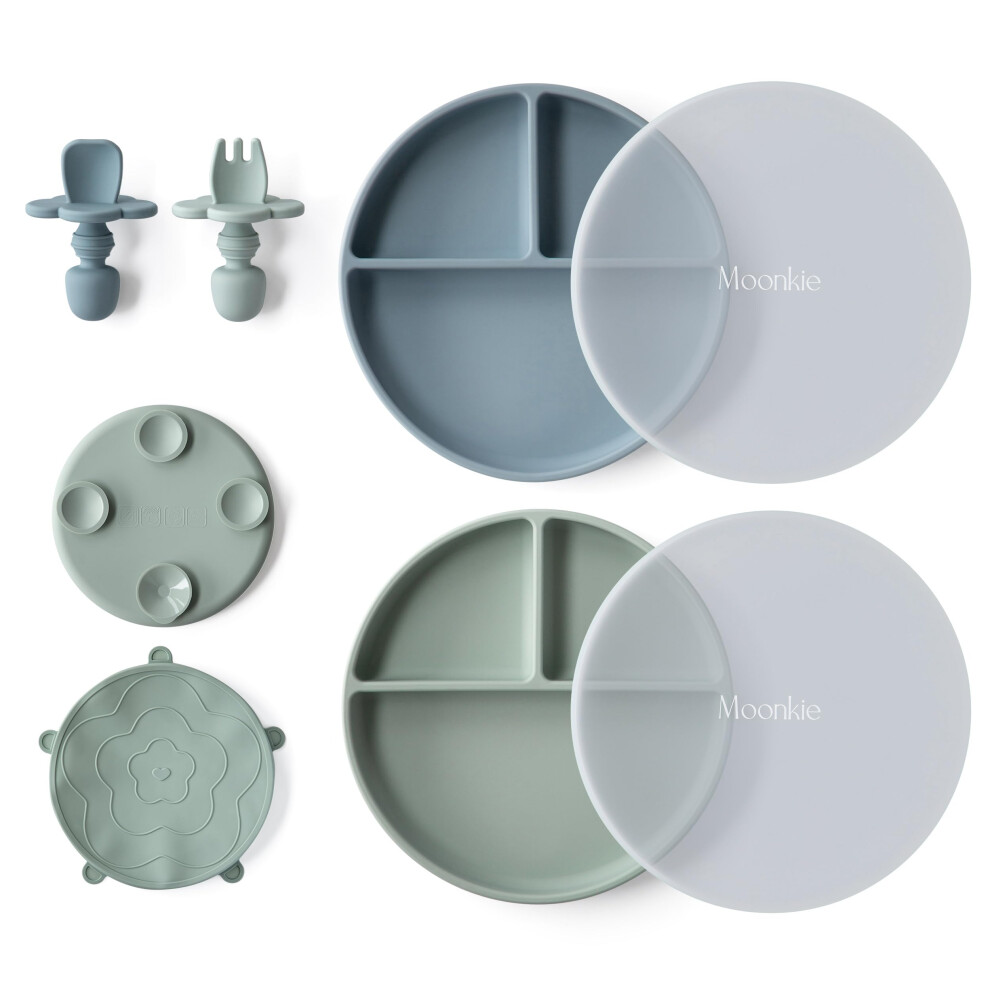 Suction Plate Baby, Weaning Set - 2 Pack Kids Plates With Spoons Forks, Silicone Baby Plate, Bpa Free, Non-Slip, Divided Plate, For Toddler, Moonkie