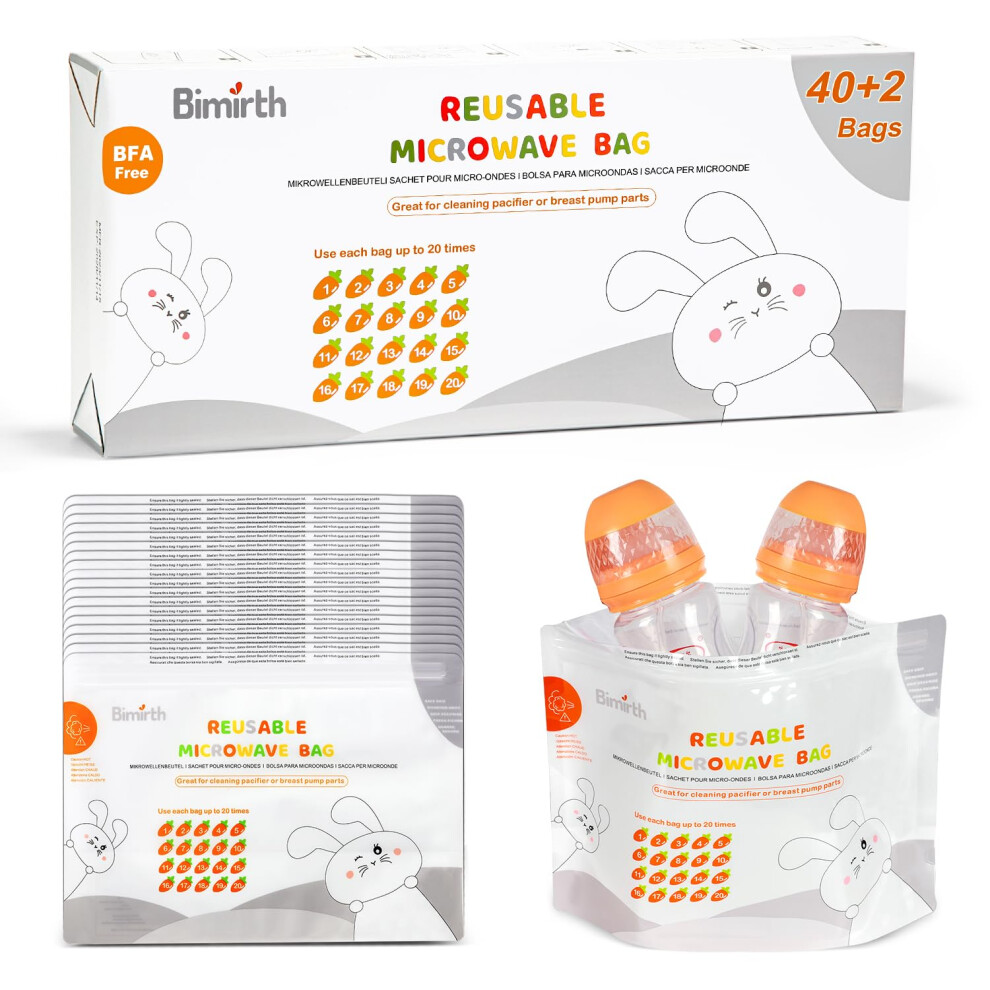 Microwave Steriliser Bags, Steam Steriliser Bags, Pack Of 42 Reusable, Cleaning Baby Bottles, Pacifier, Teethers & Training Cups, 20 Uses Per Bimirth