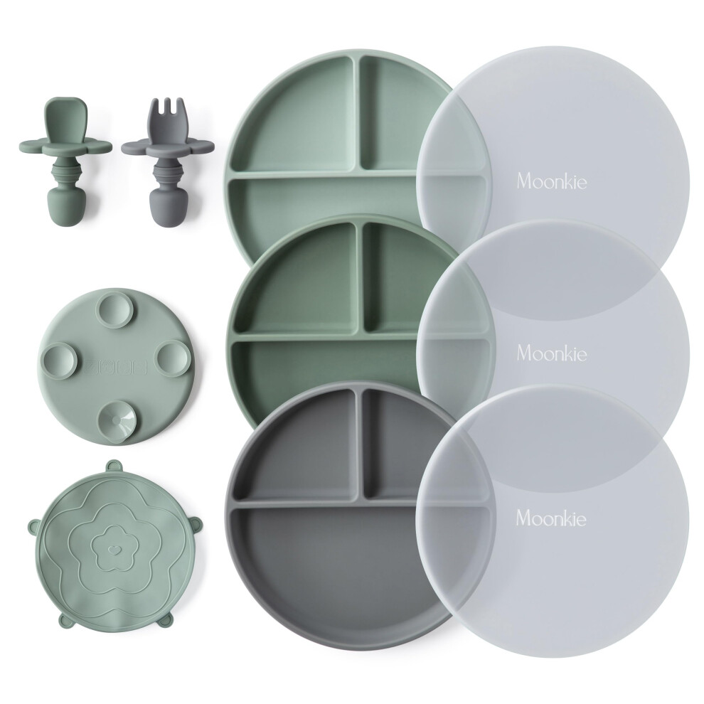 Suction Plate Baby, Weaning Set - 3 Pcs Baby Plates With Spoons Forks, Silicone Plates For Toddlers, Bpa Free, Non-Slip, Divided Plate, Moonkie