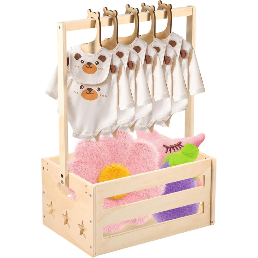 Baby Shower Crate Closet, Wooden Baby Shower Basket With 5 Hangers, Baby Storage Crate Hamper With Handle, Decorative Wood Baby Clothes Rack For Baby Nihuifdpy