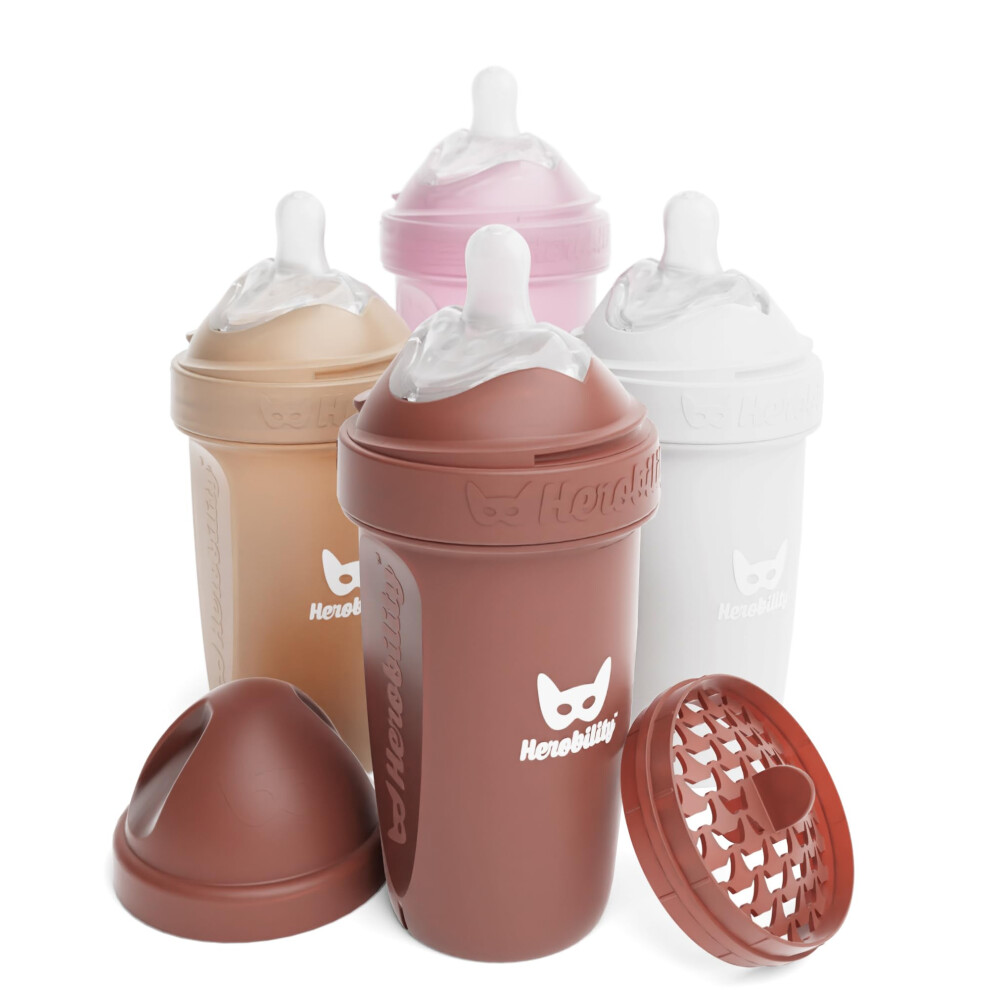 Anti-Colic Baby Bottles 8.5 Fl Oz/240Ml - Pack Of 4 Plastic Baby Bottles, Slow Flow Plastic Bottles, Breast-Shaped Teat For Breastfed Herobility