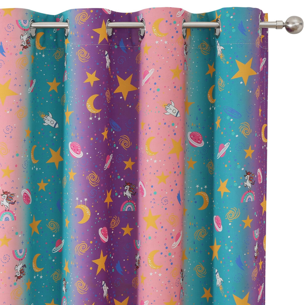 Rainbow Unicorn Blackout Curtains For Kids Room, Princess Style Eyelet Curtain Cartoon Star Prints Thermal Insulated Darkening Window Vehede