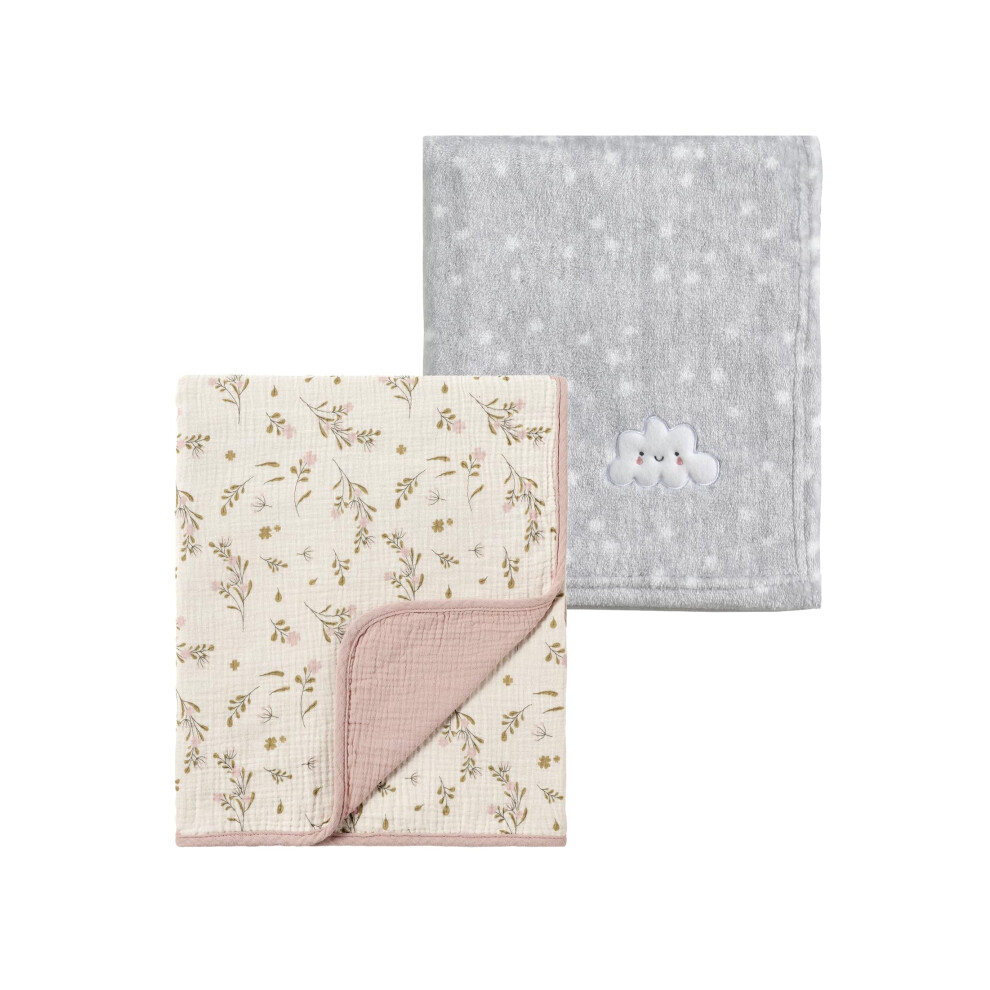 2Pcs 75Cmx100cm Cute Cozy Fluffy Warm Baby Blankets For Infants Toddlers' Bedding Crib Cot Stroller - Cloud + Muslin Flower Grey Crevent