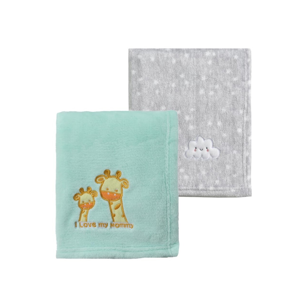 2Pcs 75Cmx100cm Cute Cozy Fluffy Warm Baby Blankets For Infants Toddlers' Bedding Crib Cot Stroller - Cloud + Giraffe Grey/Green Crevent