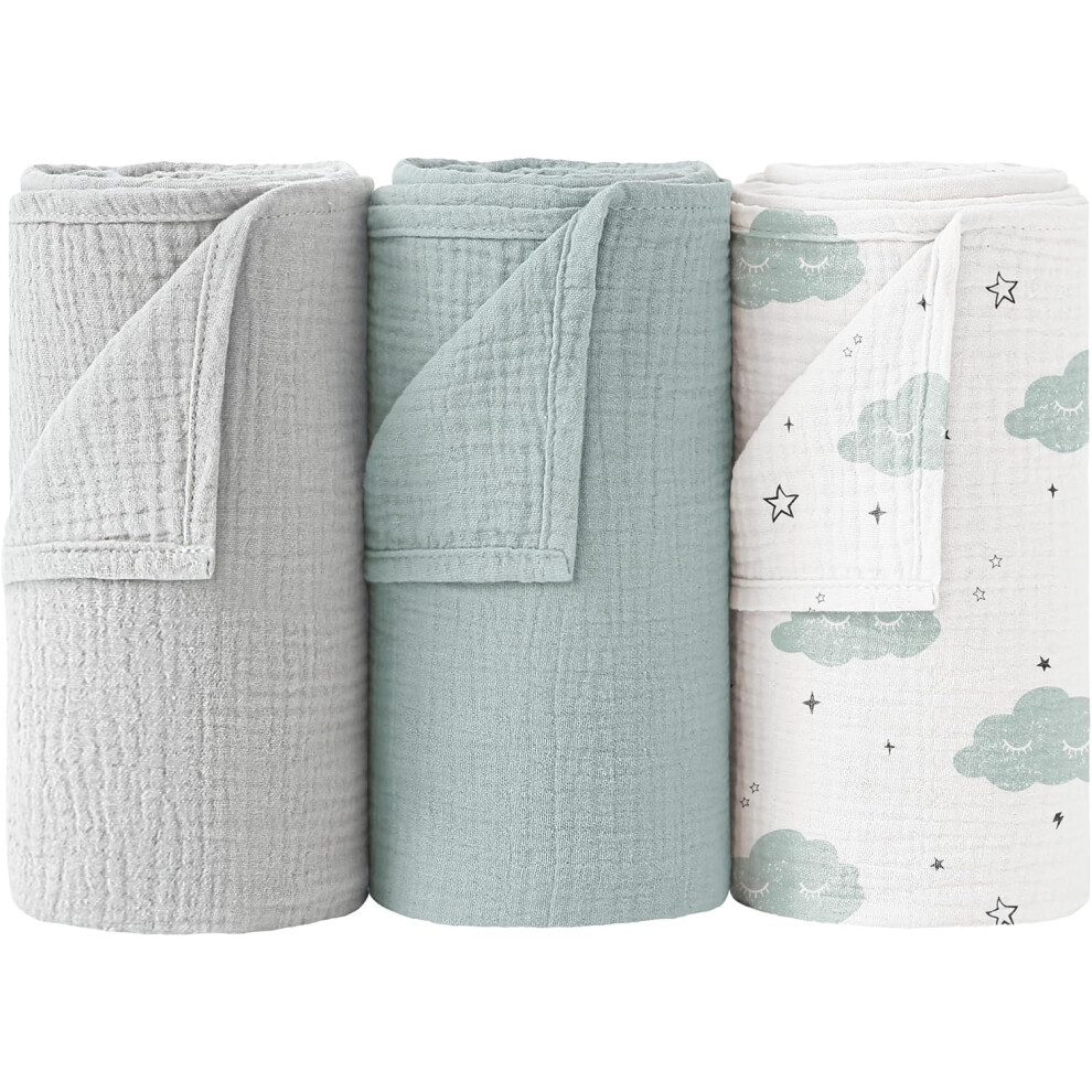 Muslin Swaddle Blankets 100% Cotton Baby Swaddle Cloths 96X100cm, 3 Pack Large Soft Muslin Blankets For Newborn Baby Boys Girls (Sleep Cloud) Bearmoss