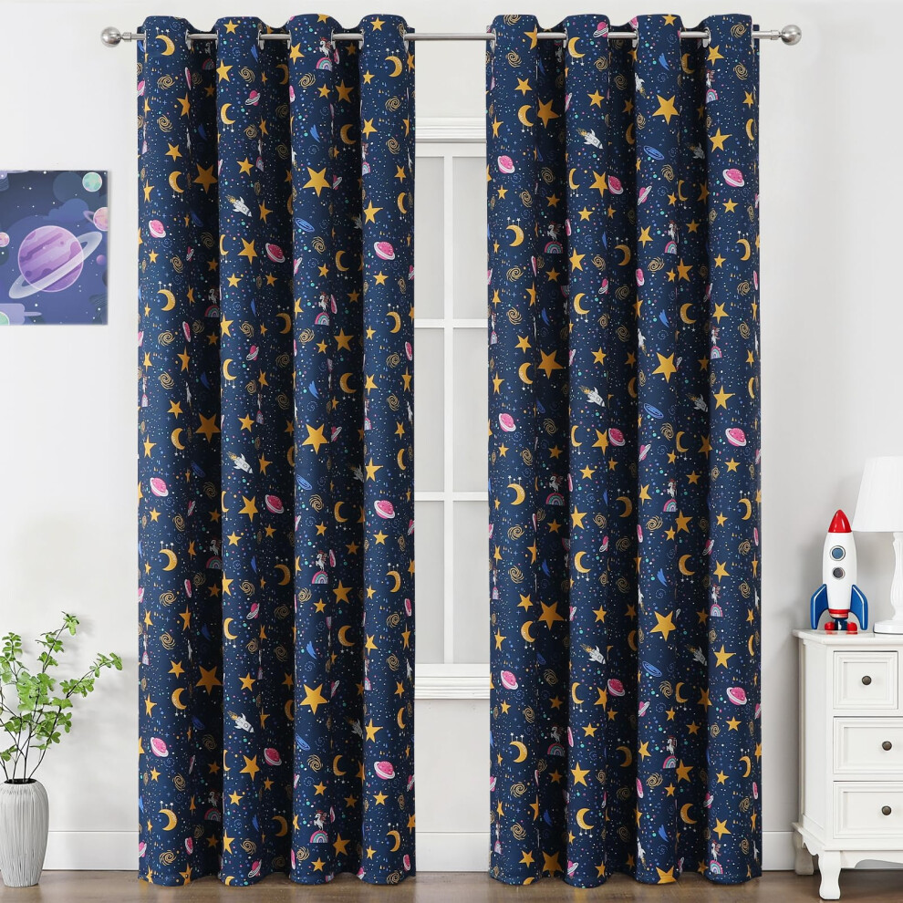 Large Star Blackout Curtains For Kids Bedroom, Navy Blue Unicorn Theme Decor Room Darkening Eyelet Black Out Drapesthermal Insulated Window Blue,Black Vehede
