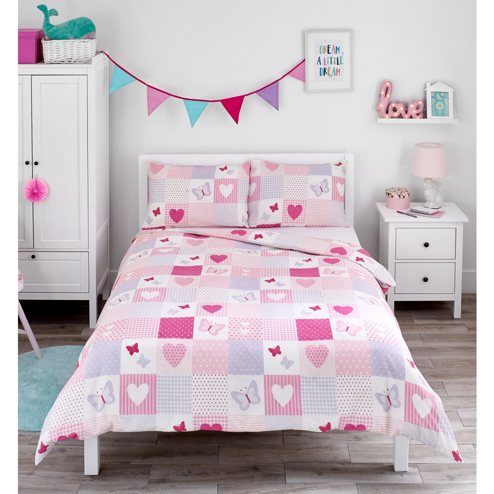 Kids Double Duvet Set - Kids Double Bedding For Girls - Hearts And Butterflies Patchwork - Childrens Double Bed Duvet Cover Set With Bloomsbury Mill