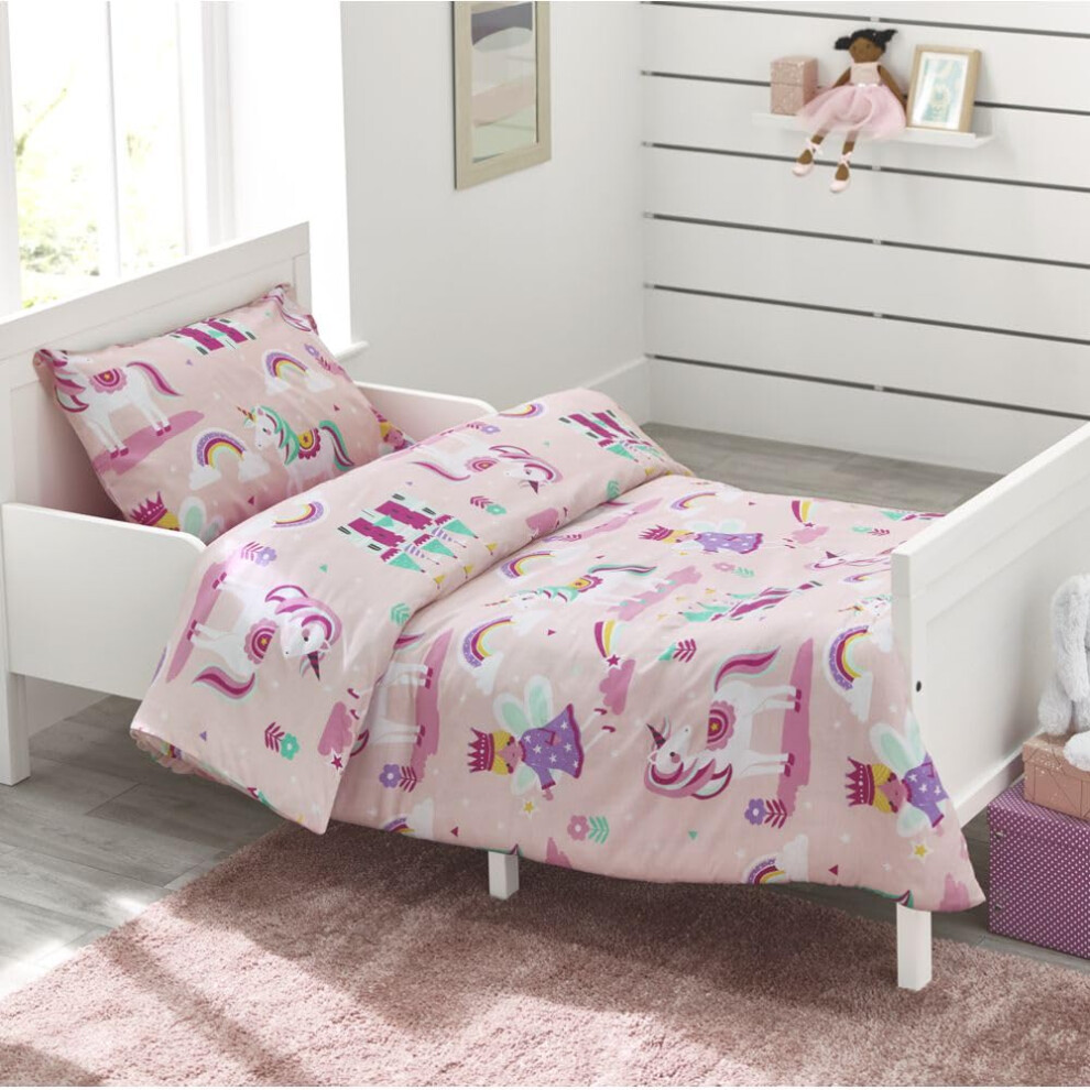Cot Bed Duvet Cover Set - Toddler Bedding Set For Girls - Unicorn, Rainbow & Princess Kids Bedding - Cot Duvet Cover & Pillow Pink Bloomsbury Mill