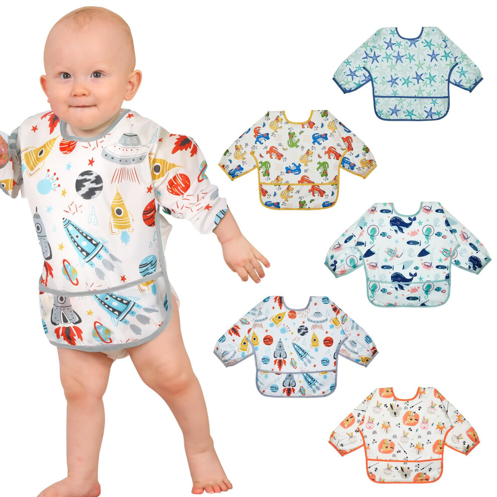 Bibs With Sleeves, 5 Pcs Eva Unisex Feeding Baby Bibs, Waterproof Long Sleeve Bib Apron Lovely Cute Cartoon Bibs For Infant Toddler 0-24 Months Lictin