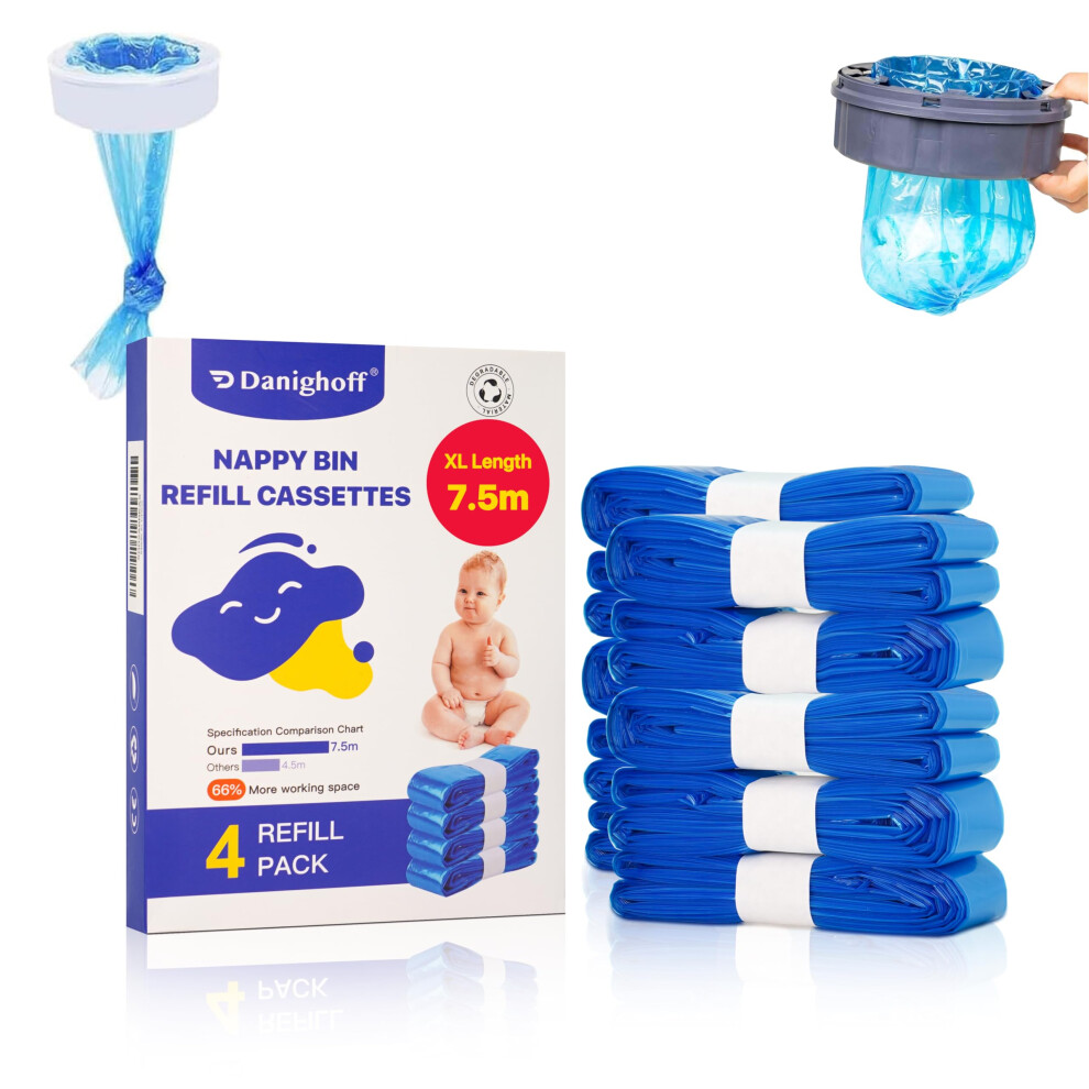 Nappy Bin Refills, 7.5M Extra-Long Diaper Pail Bags Compatible With Tommee Tippee Twist & Click And Sangenic Tec Bins, Multi-Layer Odour-Blocking Danighoff