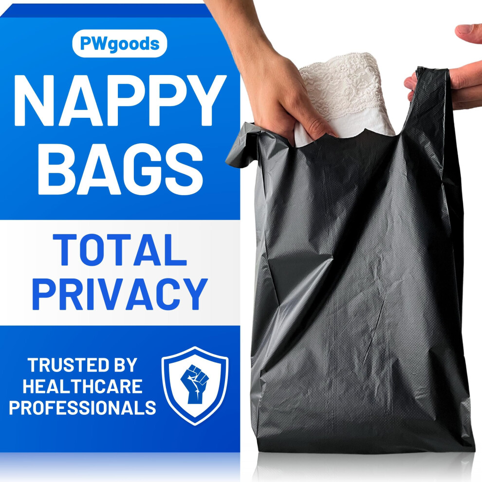 Adult Nappy Bags - 200 Pack, 20% Thicker Sacks, Easy Tie Handles, Odour Free, Discreet Plastic, Strong Sanitary Disposal Bag, Large Incontinence Black Pwgoods