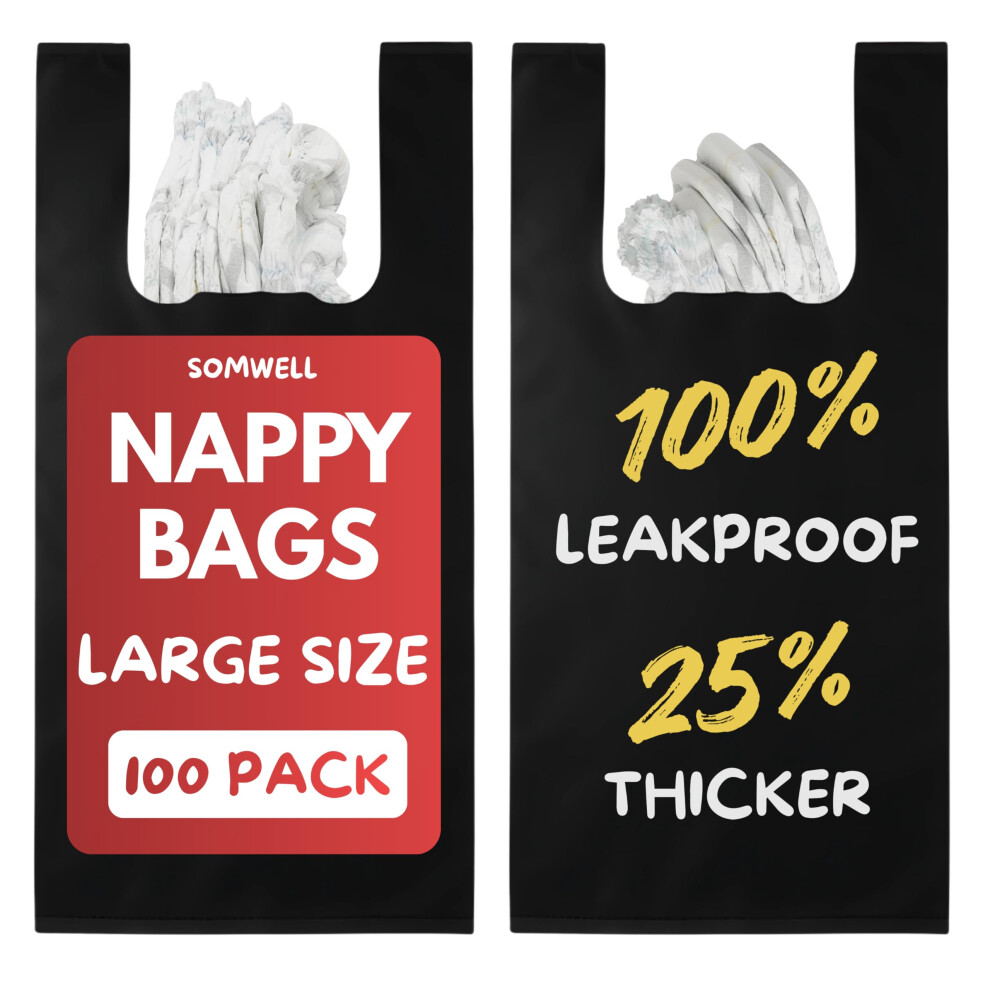 Pack Of 100 Adult Nappy Bags - 20% Thicker Bags, Easy Tie Handles, Discreet Plastic Sacks, Odour Free, Leakproof, Strong Sanitary Black Somwell