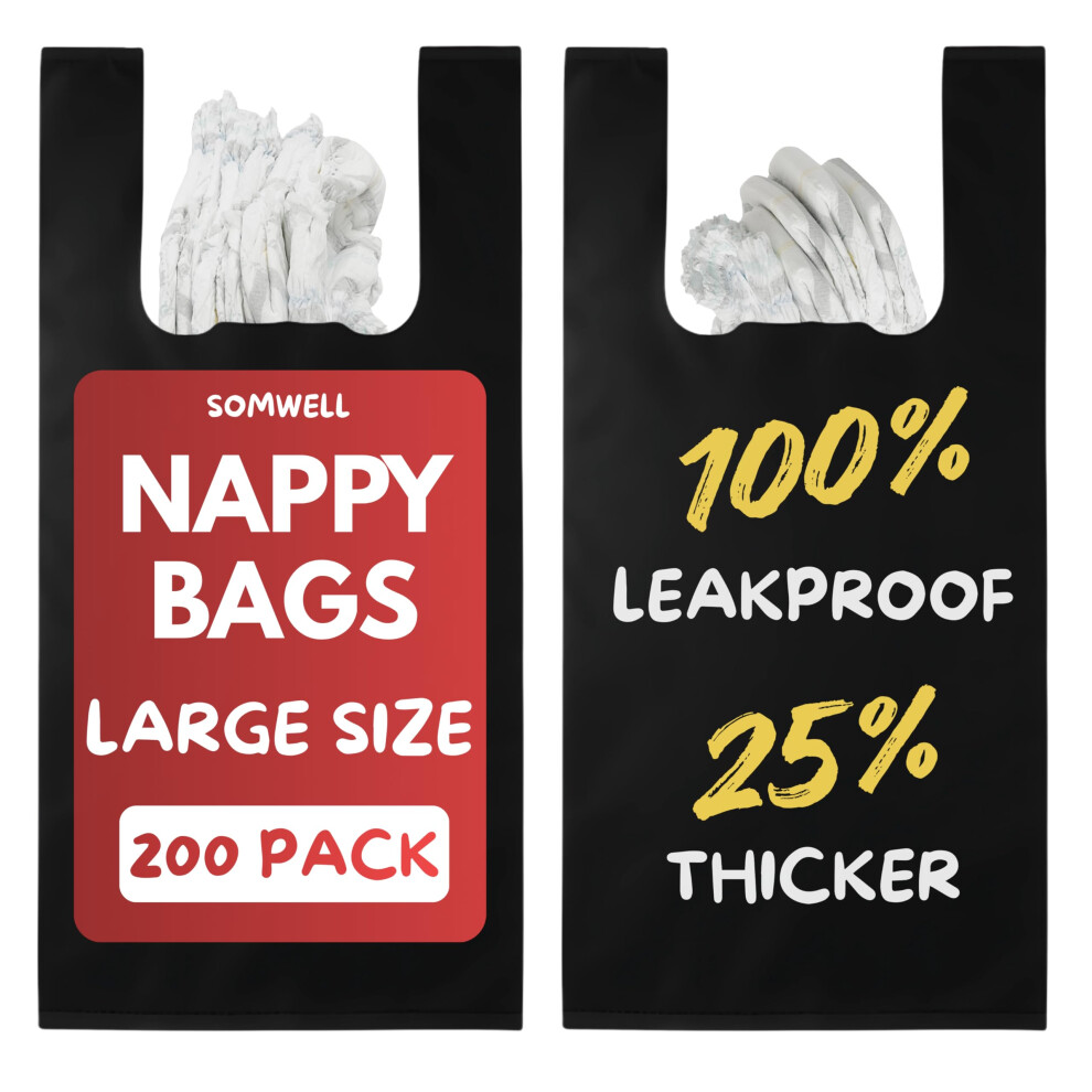 Pack Of 200 Adult Nappy Bags - 20% Thicker Bags, Easy Tie Handles, Discreet Plastic Sacks, Odour Free, Leakproof, Strong Sanitary Black Somwell