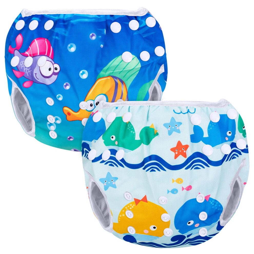 Swimming Nappy Reusable (Pack Of 2), Adjustable Swim Nappies For Baby (0-3 Years), Washable, Whales + Fishes Luxja