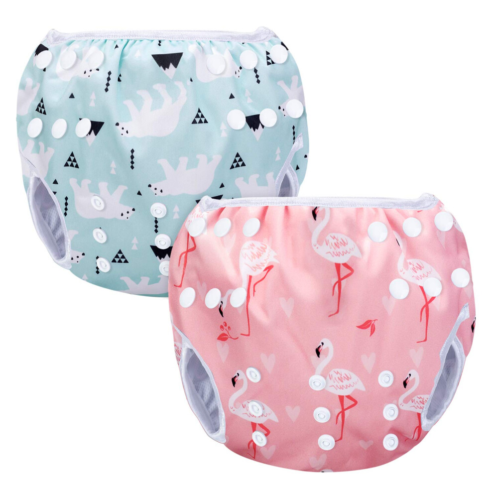 Swimming Nappy Reusable (Pack Of 2), Adjustable Swim Nappies For Baby (0-3 Years), Washable, Flamingo + Polar Bear Pink Luxja