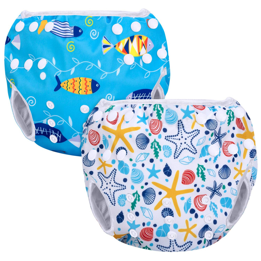 Swimming Nappy Reusable (Pack Of 2), Adjustable Swim Nappies For Baby (0-3 Years), Washable, Shell + Fish Blue Luxja